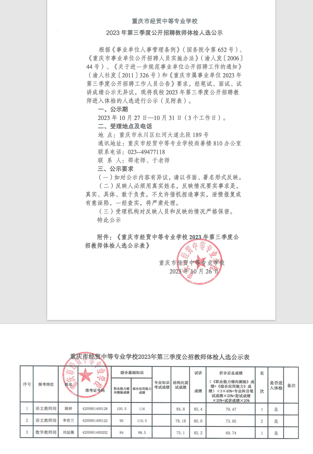重庆市经贸中等专业学校2023年第三季度公开招聘教师体检人选公示